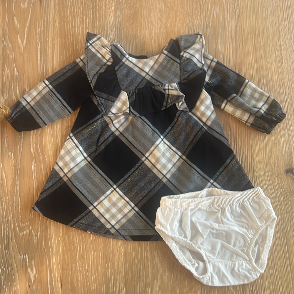 🖤🤍INFANT MODERN CHECKERED FLANNEL W/GOLD DRESS BLACK NEWBORN